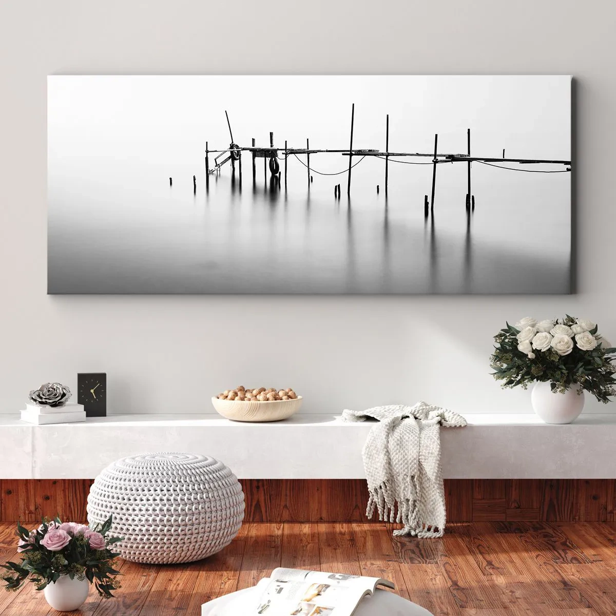 Quadro su tela - Stampe su Tela - Un molo bianco e nero immerso in un paesaggio nebbioso - 120x50cm - E se la luce non c'è? - Decorazione murale moderna per soggiorno e camera da letto ARTTOR