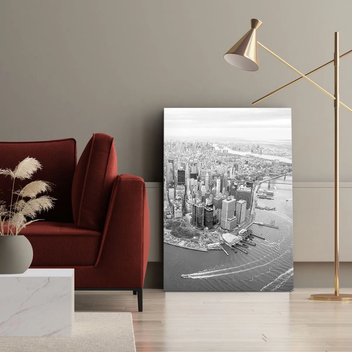 Quadro su tela - Stampe su Tela - Vista aerea di Manhattan in bianco e nero - 80x120cm - Come non amarla? - Decorazione murale moderna per soggiorno e camera da letto ARTTOR
