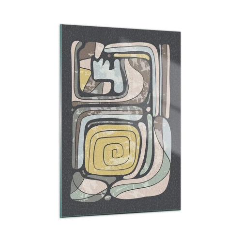 Quadro su vetro - Astrazione geometrica nei toni della terra su sfondo nero - 50x70cm - Astrazione in spirito precolombiano - Decorazione murale moderna per soggiorno e camera da letto ARTTOR