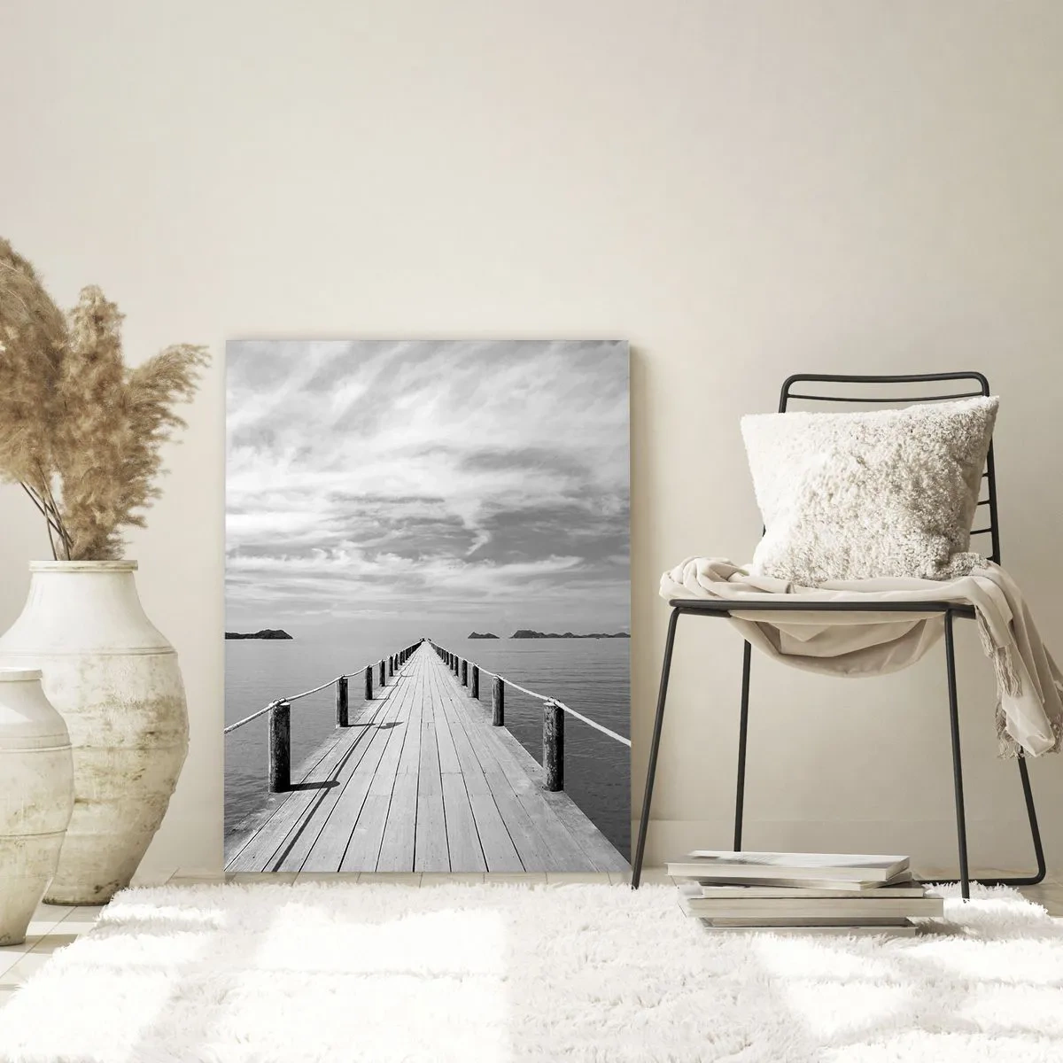 Quadro su vetro - Un molo di legno che si estende in lontananza sopra un mare calmo - 80x120cm - Forse un viaggio... - Decorazione murale moderna per soggiorno e camera da letto ARTTOR