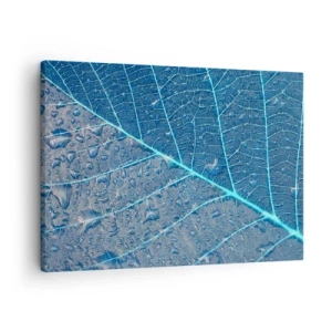Quadro su tela - Stampe su Tela - Una foglia nei toni del blu con gocce d'acqua - 70x50cm - Vita nel blu - Decorazione murale moderna per soggiorno e camera da letto ARTTOR