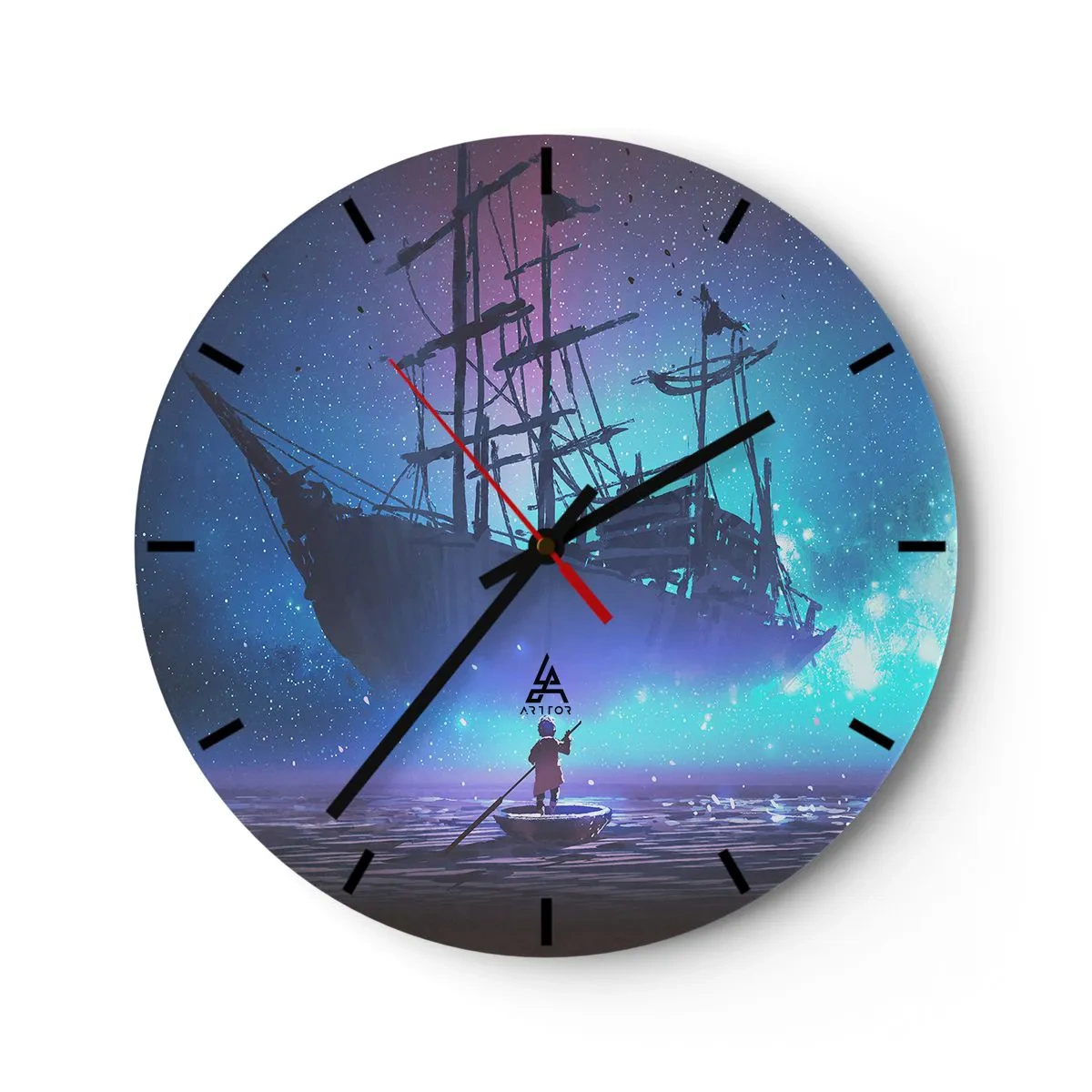 Orologio da parete - Orologio in Vetro - Una nave a vela alla luce delle stelle su un mare calmo con una barca - 30x30cm - Incontro con il mito del mare - Decorazione murale moderna per soggiorno, cucina e camera da letto ARTTOR