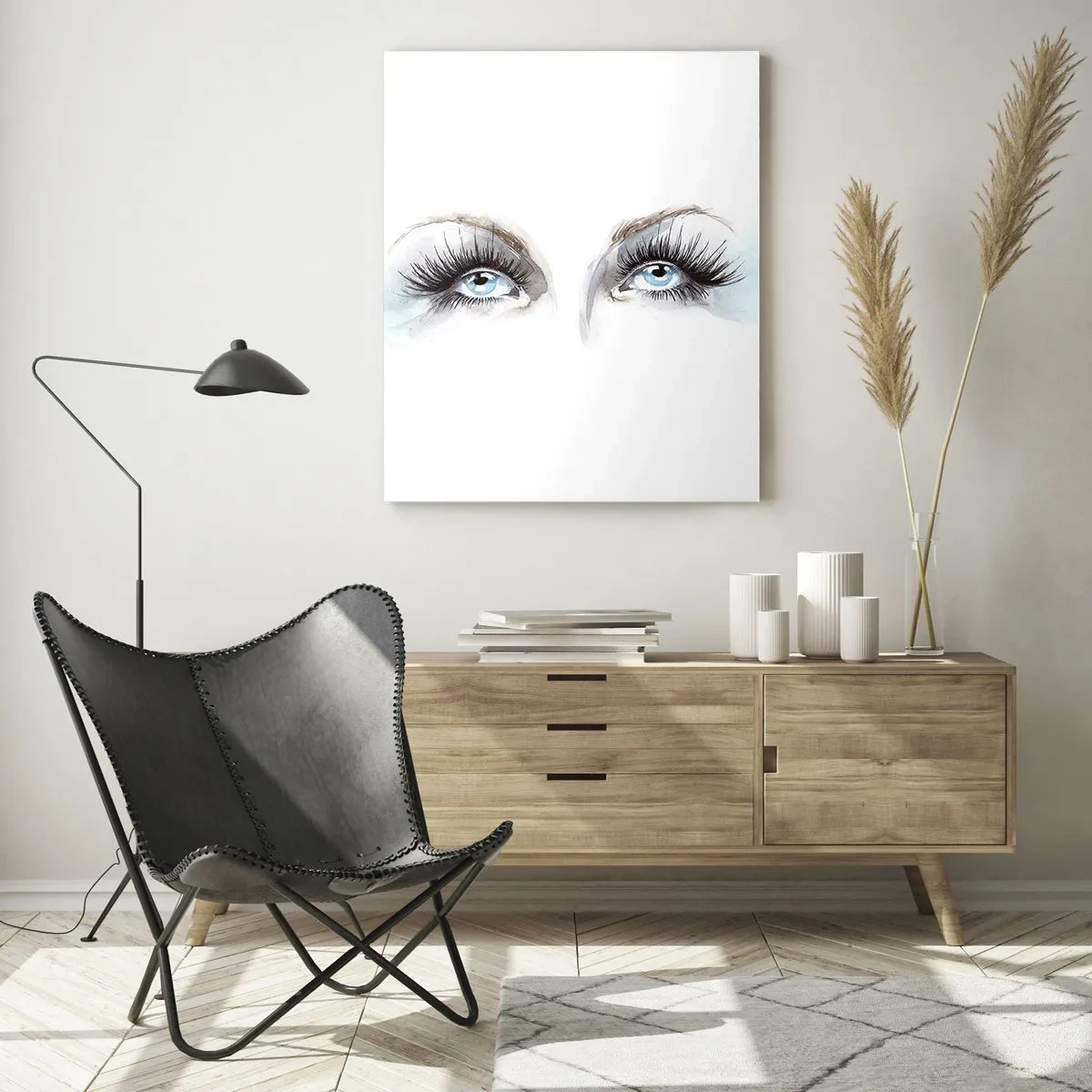 Quadro su vetro - Lo sguardo sottile degli occhi azzurri in una composizione artistica - 50x70cm - Occhi d'angelo? - Decorazione murale moderna per soggiorno e camera da letto ARTTOR
