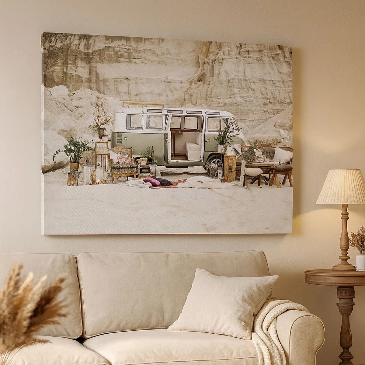 Quadro su tela - Stampe su Tela - Un camper retrò dal design boho sullo sfondo di un paesaggio roccioso. - 70x50cm - è tempo di viaggiare - Decorazione murale moderna per soggiorno e camera da letto ARTTOR