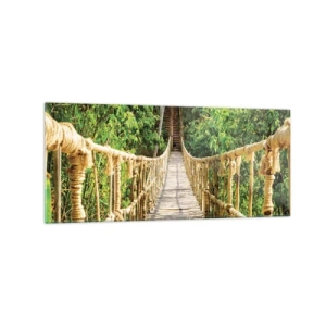 Quadro su vetro - Un ponte sospeso in una foresta tropicale ricca di vegetazione - 120x50cm - Sospeso nel verde - Decorazione murale moderna per soggiorno e camera da letto ARTTOR