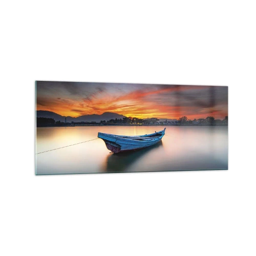 Quadro su vetro - Una barca sull'acqua durante un pittoresco tramonto - 120x50cm - Viene una notte buona - Decorazione murale moderna per soggiorno e camera da letto ARTTOR