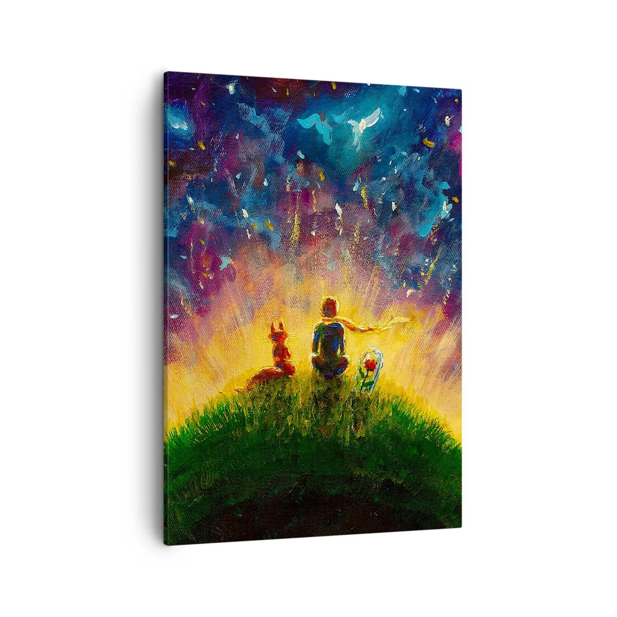 Quadro su tela - Stampe su Tela - Figure su una collina verde circondata da un cielo stellato - 50x70cm - Amore e amicizia: l'intero mondo - Decorazione murale moderna per soggiorno e camera da letto ARTTOR