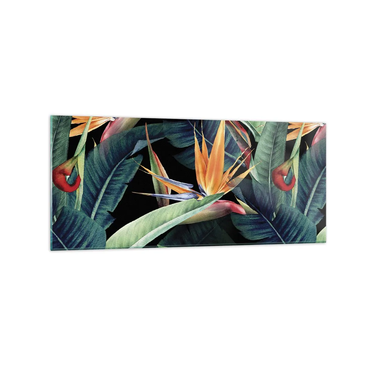 Quadro su vetro - Fiori e foglie tropicali su sfondo nero - 120x50cm - I fiori fiammeggianti dei tropici - Decorazione murale moderna per soggiorno e camera da letto ARTTOR