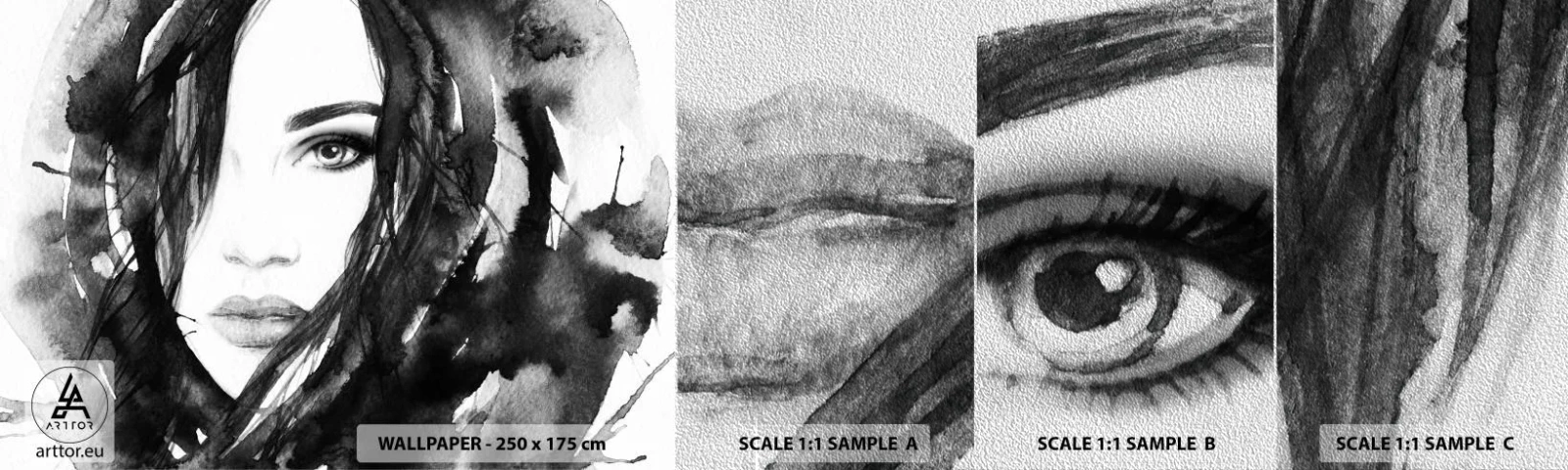 Campione di Fotomurale Premium Sand - Ritratto di donna in bianco e nero - Astrazione, Volto di donna, Ritratto - 100x30 cm