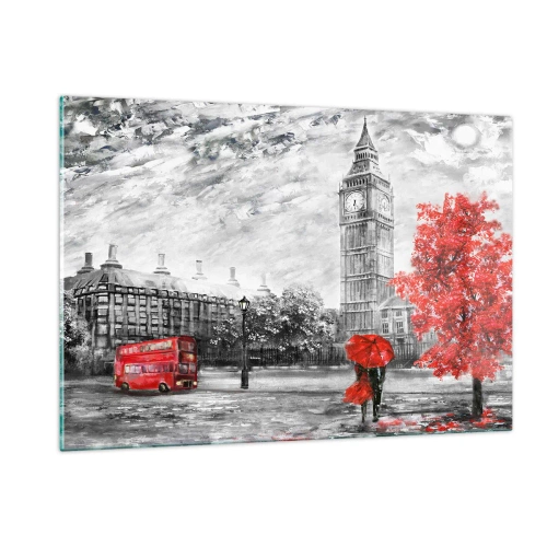 Quadro su vetro - Il Big Ben con un autobus rosso e un ombrello sullo sfondo di alberi autunnali - 120x80cm - Un giorno eccitante - Decorazione murale moderna per soggiorno e camera da letto ARTTOR