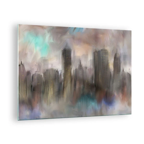 Quadro su vetro - Immagine astratta di una città con grattacieli - 70x50cm - Composizione con acciaio, pietra e nebbia - Decorazione murale moderna per soggiorno e camera da letto ARTTOR