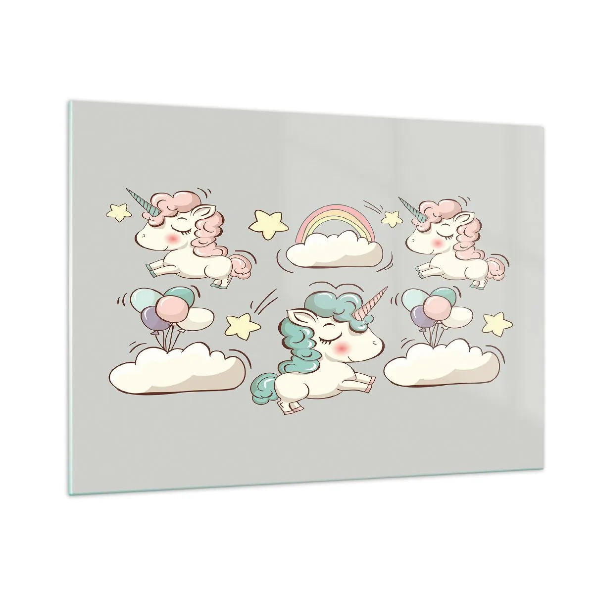 Quadro su vetro - Simpatici unicorni tra le nuvole con arcobaleno e palloncini - 100x70cm - Sicuramente esistono… - Decorazione murale moderna per soggiorno e camera da letto ARTTOR