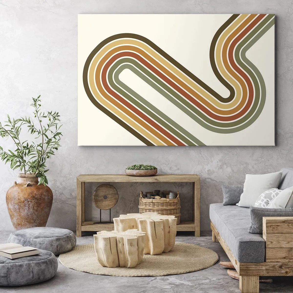 Quadro su tela - Stampe su Tela - Motivo geometrico nei toni del verde, arancione e beige su sfondo chiaro - 70x50cm - Zig zag fino alla meta - Decorazione murale moderna per soggiorno e camera da letto ARTTOR