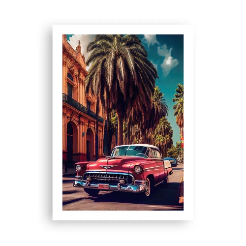 Poster - Un'auto d'epoca sullo sfondo di una città tropicale - 50x70cm - Ancora all'Avana - Decorazione murale moderna per soggiorno e camera da letto ARTTOR