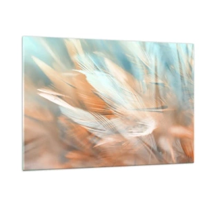 Quadro su vetro - Delicate piume nei toni pastello del turchese e della pesca - 120x80cm - Nel paese della mitezza - Decorazione murale moderna per soggiorno e camera da letto ARTTOR