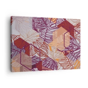 Quadro su tela - Stampe su Tela - Un motivo decorativo a foglie tropicali nelle tonalità del viola, dell'arancione e del beige. - 70x50cm - Legame impossibile di geometria e natura - Decorazione murale moderna per soggiorno e camera da letto ARTTOR