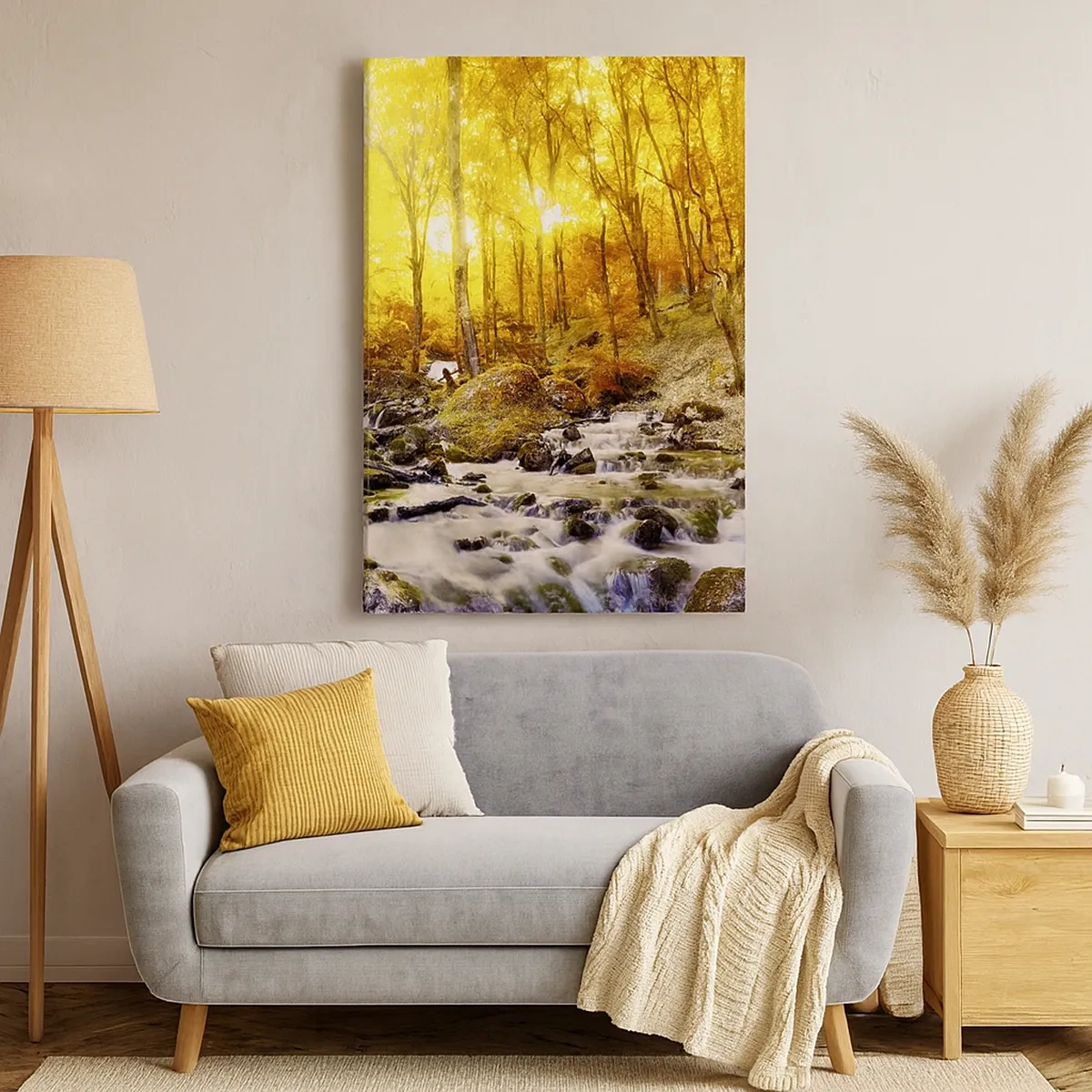 Quadro su tela - Stampe su Tela - Foresta autunnale con ruscello tra foglie dorate - 50x70cm - Pietre incorniciate in oro e platino - Decorazione murale moderna per soggiorno e camera da letto ARTTOR