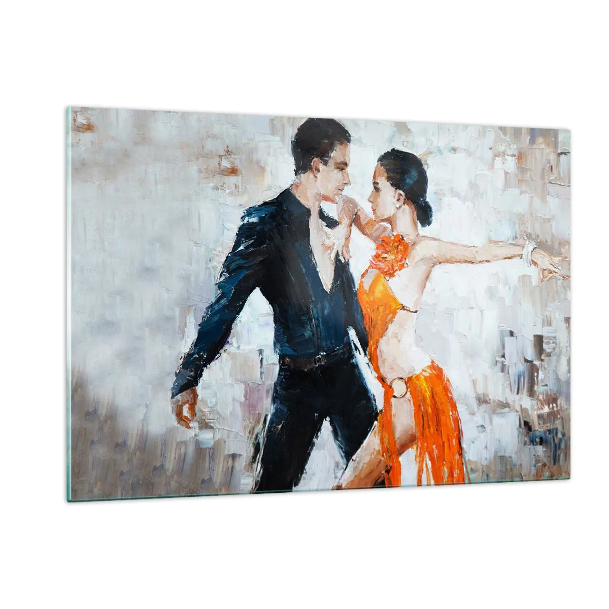 Quadro su vetro - Una coppia che balla in una posa dinamica su uno sfondo in stile impressionista - 120x80cm - Dirty dancing - Decorazione murale moderna per soggiorno e camera da letto ARTTOR