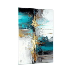 Quadro su vetro - Una composizione astratta con accenti turchesi e dorati. - 70x100cm - Panta rei - Decorazione murale moderna per soggiorno e camera da letto ARTTOR