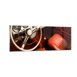 Quadro su vetro - Interni di auto d'epoca con sedili in pelle rossa - 140x50cm - Lusso in stile vintage - Decorazione murale moderna per soggiorno e camera da letto ARTTOR