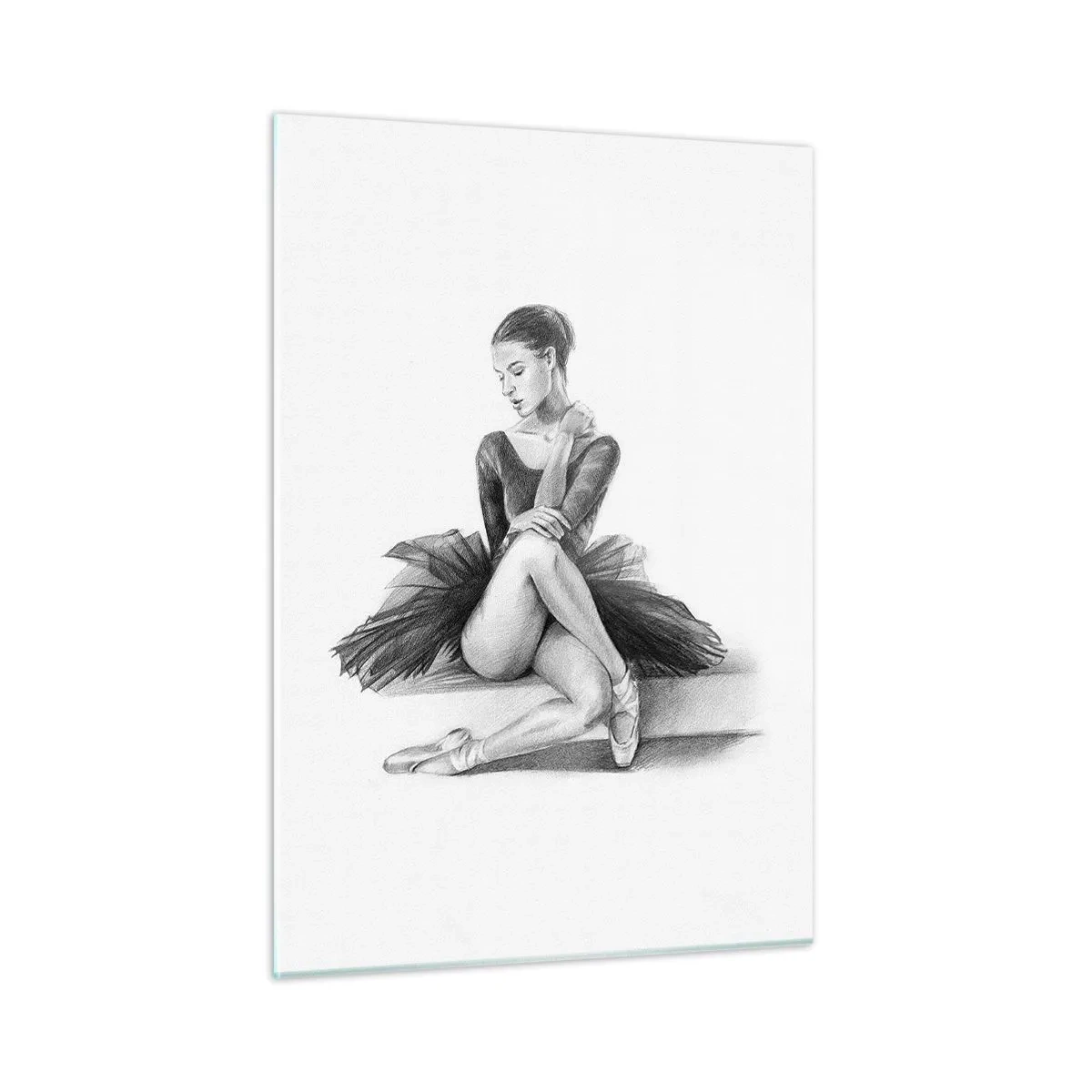 Quadro su vetro - Schizzo di una ballerina in abito nero in posa pensierosa - 50x70cm - Incantata dalla danza - Decorazione murale moderna per soggiorno e camera da letto ARTTOR