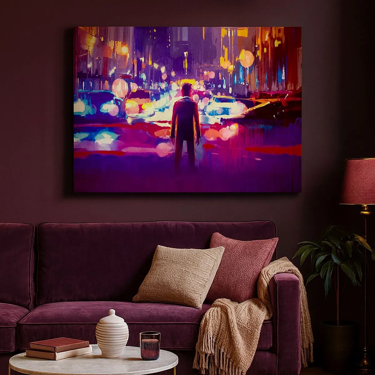 Quadro su tela - Stampe su Tela - Un uomo in una scena notturna di una città al neon - 70x50cm - Immerso nella luce - Decorazione murale moderna per soggiorno e camera da letto ARTTOR