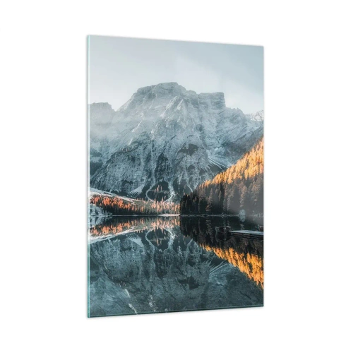 Quadro su vetro - Un paesaggio montano riflesso nella calma superficie del lago - 50x70cm - Paesaggio allo specchio - Decorazione murale moderna per soggiorno e camera da letto ARTTOR
