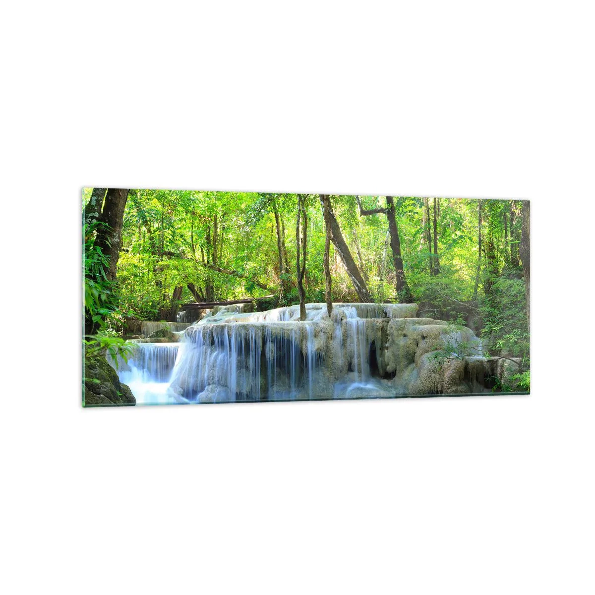 Quadro su vetro - Una cascata tra alberi verdi con acqua blu in un ambiente naturale - 120x50cm - Annegare nel turchese e nel verde - Decorazione murale moderna per soggiorno e camera da letto ARTTOR
