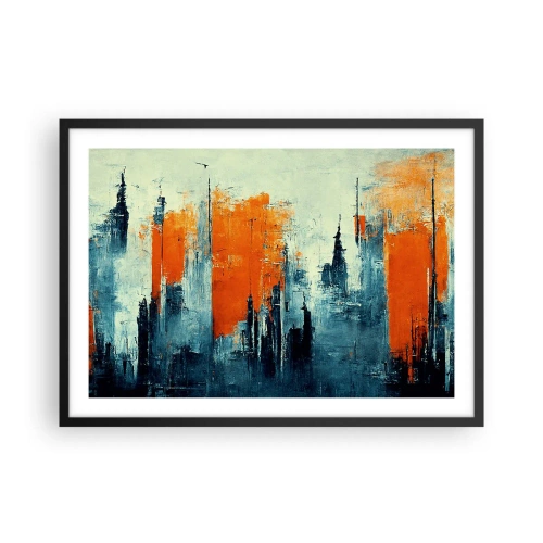 Poster in cornice nera - Paesaggio urbano astratto nei toni dell'arancione e del blu - 70x50cm - Paesaggio moderno - Decorazione murale moderna per soggiorno e camera da letto ARTTOR