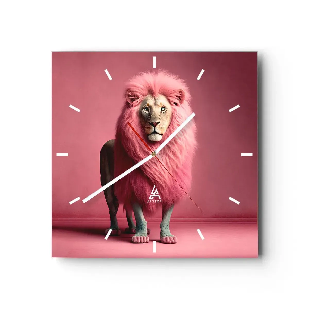 Orologio da parete - Orologio in Vetro - Un leone artisticamente raffigurato con una criniera rosa su uno sfondo rosa - 30x30cm - E non mette più paura - Decorazione murale moderna per soggiorno e camera da letto ARTTOR