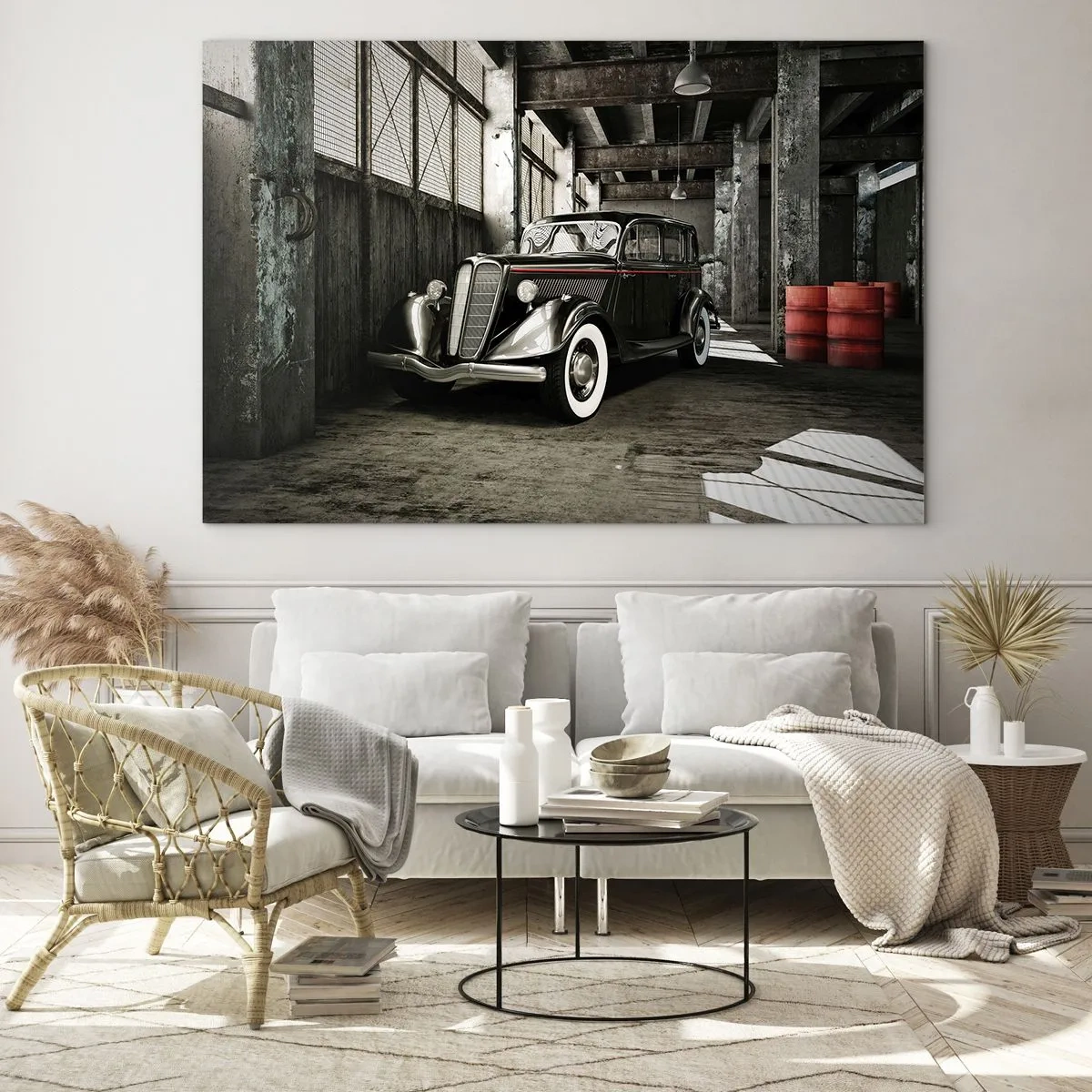 Quadro su vetro - Un'auto d'epoca in un garage elegante - 120x80cm - L'eleganza eterna degli anni '30 - Decorazione murale moderna per soggiorno e camera da letto ARTTOR