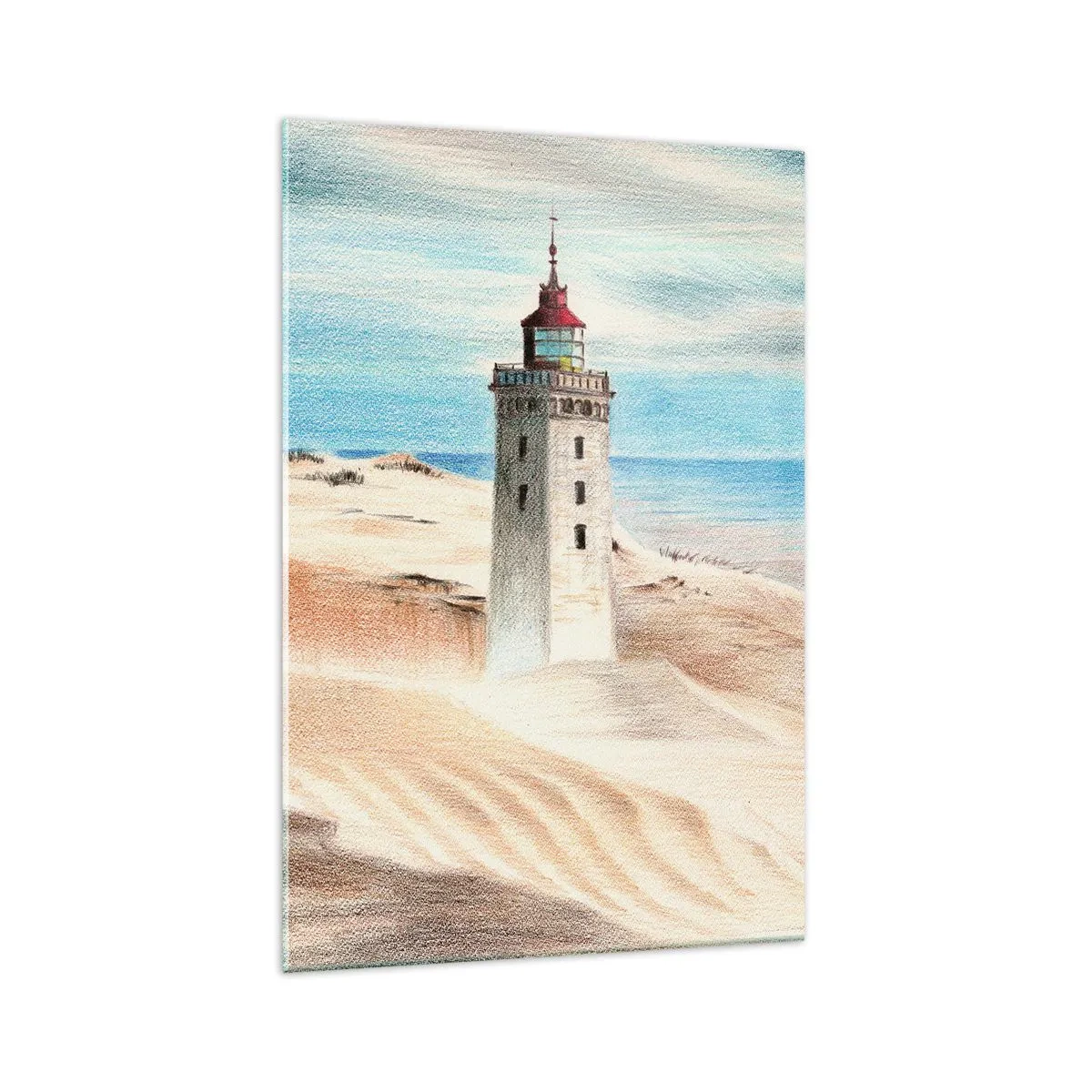 Quadro su vetro - Un faro circondato da dune di sabbia e un cielo azzurro - 70x100cm - Sempre guardando il mare - Decorazione murale moderna per soggiorno e camera da letto ARTTOR