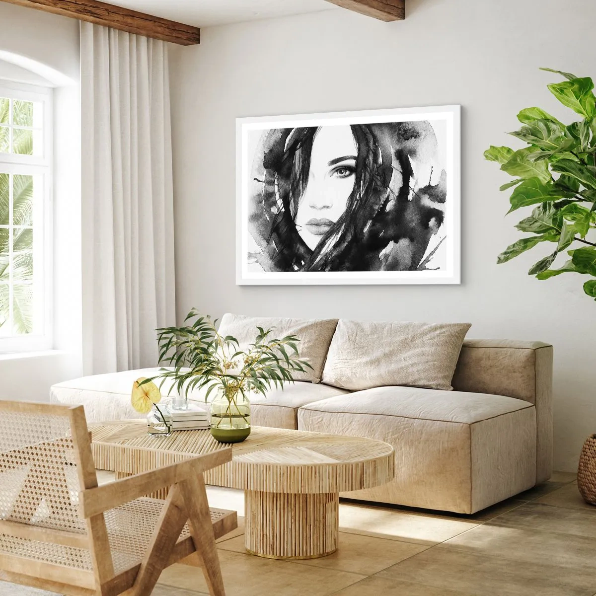 Poster in cornice bianca - Ritratto di donna in bianco e nero - 70x50 cm