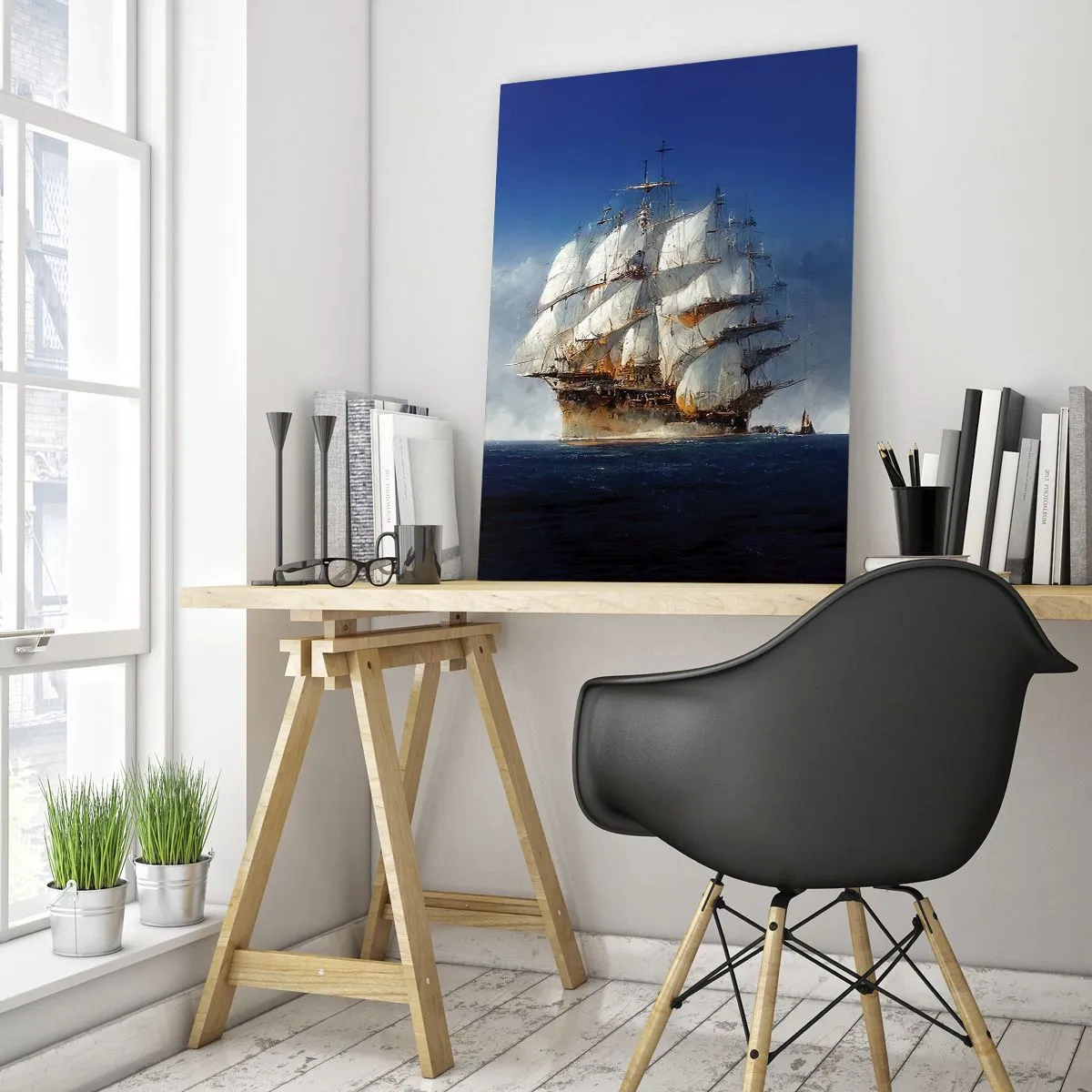 Quadro su vetro - Una nave a vela in alto mare in mezzo alla nebbia marina - 50x70cm - The great glory! - Decorazione murale moderna per soggiorno e camera da letto ARTTOR
