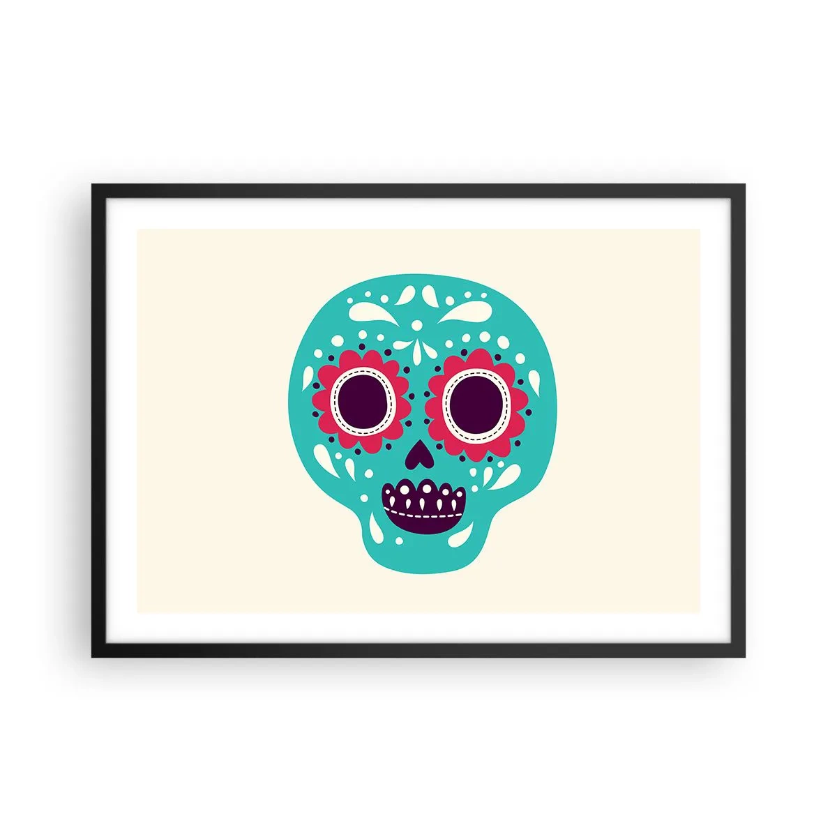 Poster in cornice nera - Un teschio di zucchero turchese e viola ispirato alla cultura messicana - 70x50cm - Vita: un gioco fino alla morte - Decorazione murale moderna per soggiorno e camera da letto ARTTOR