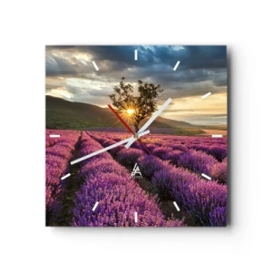 Orologio da parete - Orologio in Vetro - Un campo di lavanda con un albero solitario al tramonto - 30x30cm - Aroma di colore lilla - Decorazione murale moderna per soggiorno e camera da letto ARTTOR