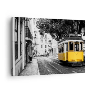 Quadro su tela - Stampe su Tela - Un tram giallo sullo sfondo di una strada bianca e nera - 70x50cm - Con il fado in sottofondo - Decorazione murale moderna per soggiorno e camera da letto ARTTOR
