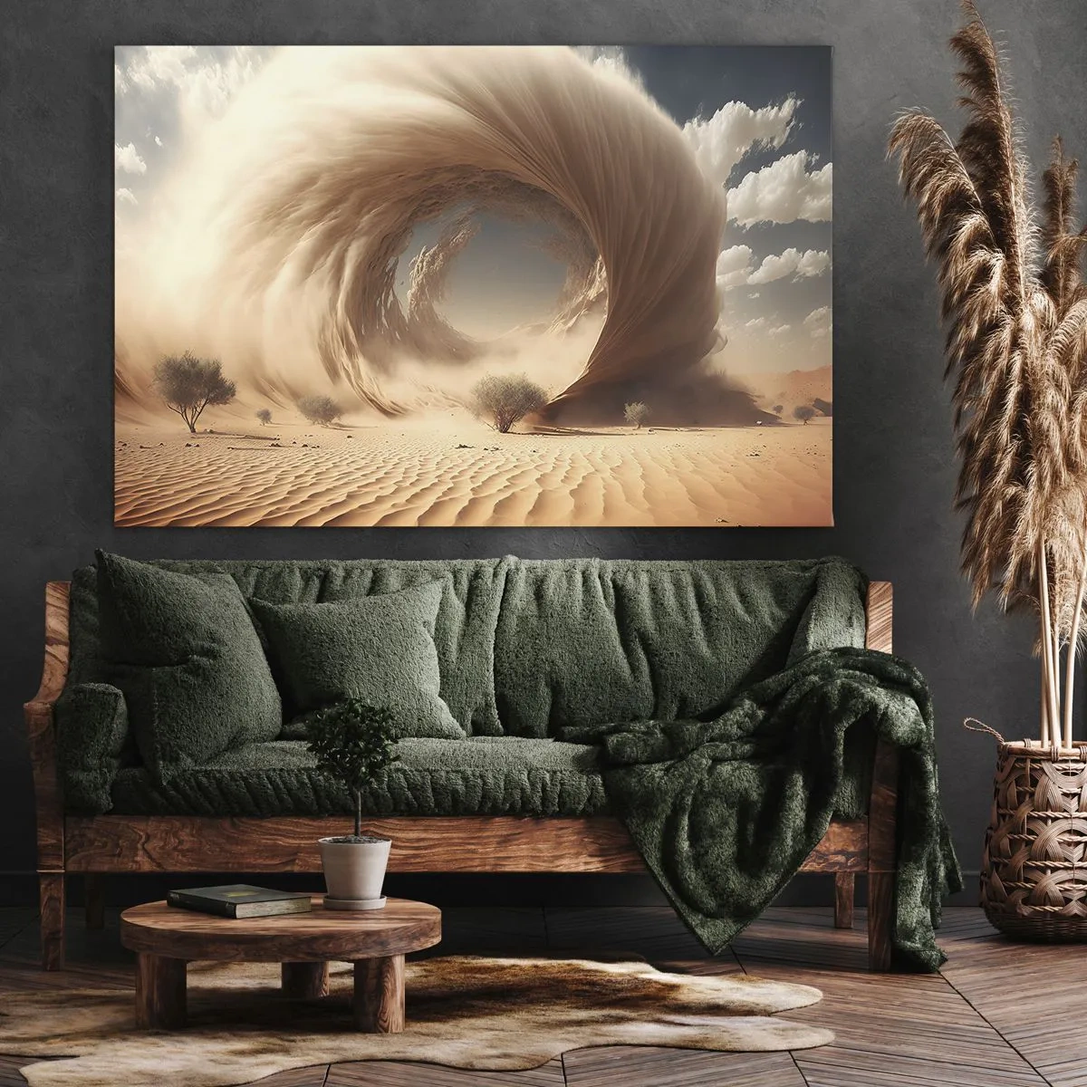 Quadro su tela - Stampe su Tela - Vortice di sabbia dinamico in un deserto con alberi - 70x50cm - Il portale è aperto - Decorazione murale moderna per soggiorno e camera da letto ARTTOR