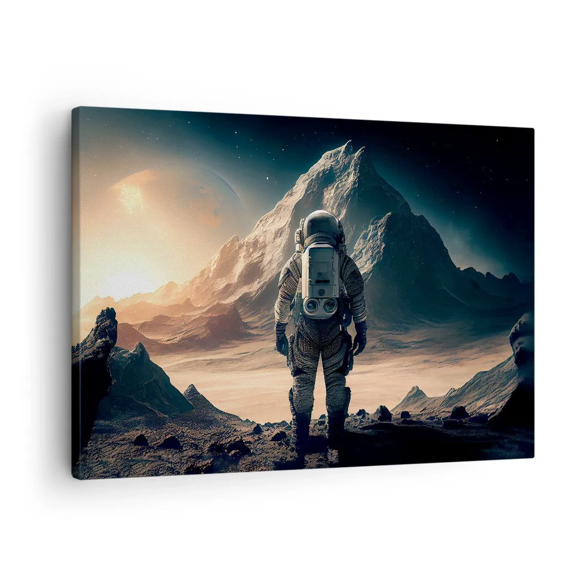 Quadro su tela - Stampe su Tela - Astronauta sullo sfondo di maestose montagne - 70x50cm - Nuova sfida - Decorazione murale moderna per soggiorno e camera da letto ARTTOR
