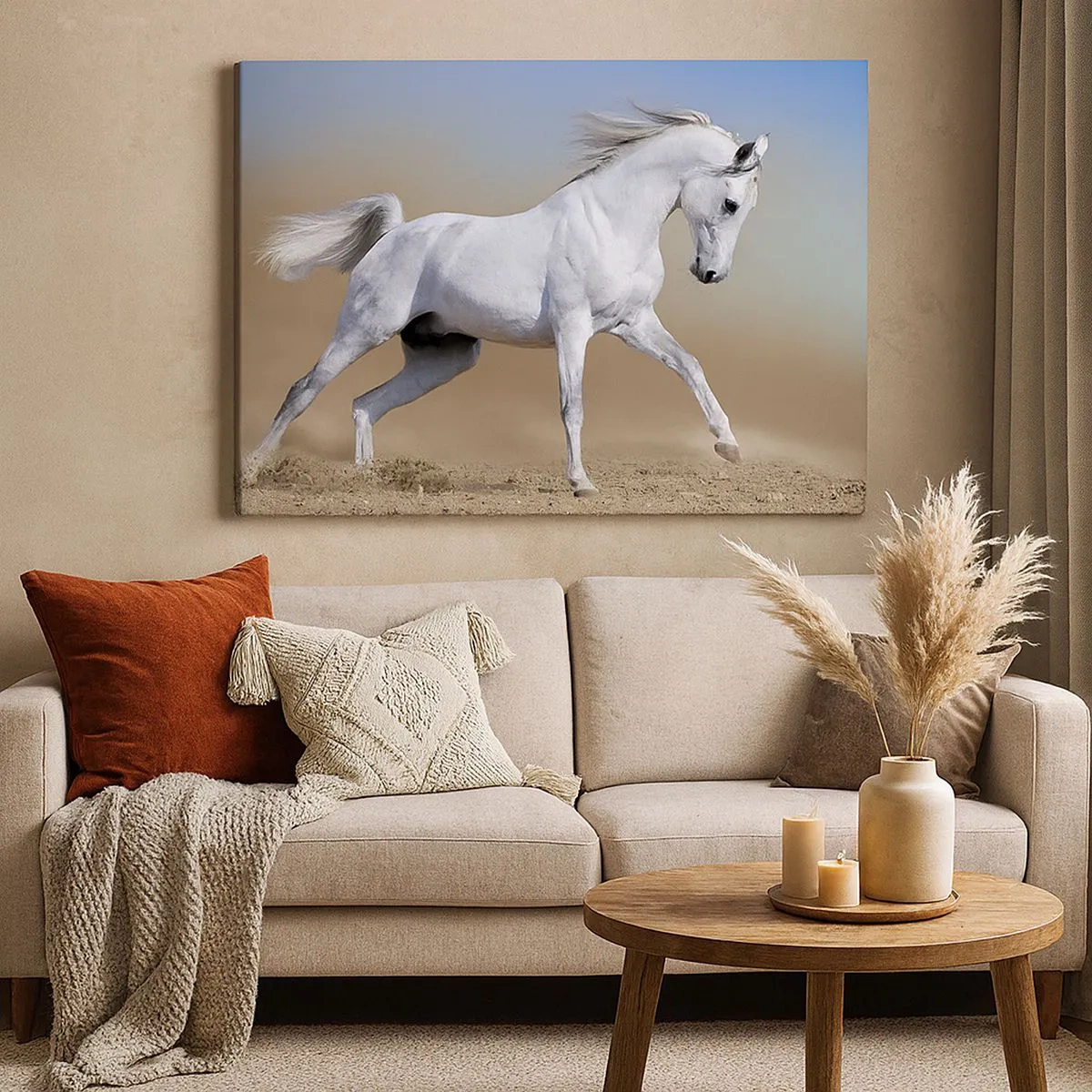 Quadro su tela - Stampe su Tela - Un cavallo bianco che galoppa attraverso un paesaggio desertico - 70x50cm - La più bella favola araba - Decorazione murale moderna per soggiorno e camera da letto ARTTOR