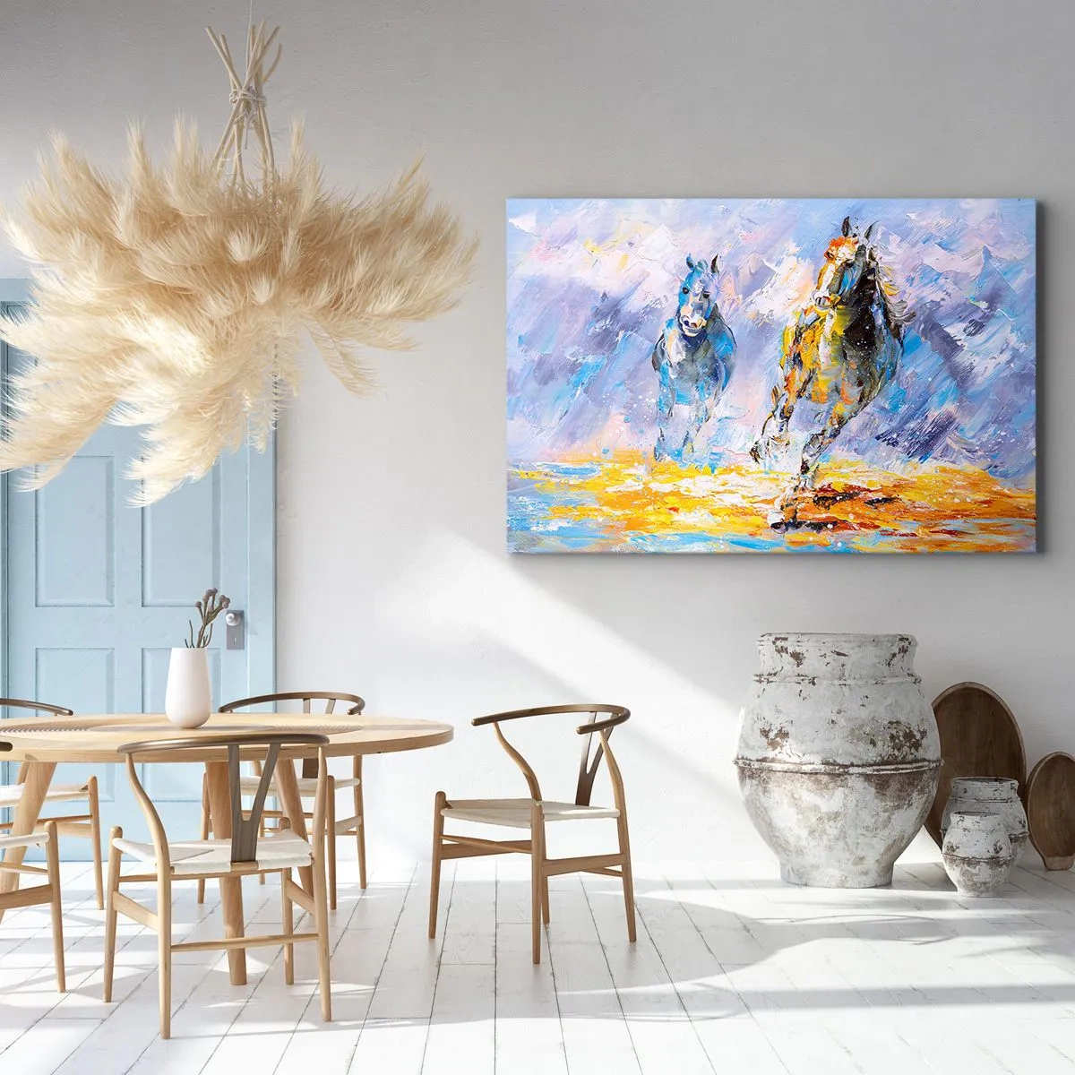 Quadro su tela - Stampe su Tela - Due cavalli in movimento sullo sfondo di un paesaggio astratto - 100x70cm - Al galoppo nella luce - Decorazione murale moderna per soggiorno e camera da letto ARTTOR