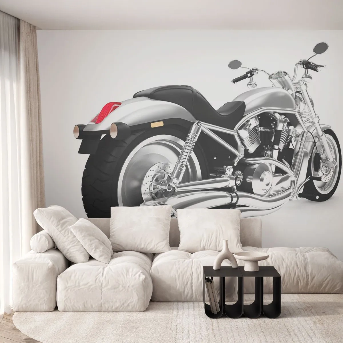 Fotomurali Premium Sand - Moto chopper argentata su sfondo bianco - 100x70cm - Il sogno del collezionista - Decorazione murale moderna per soggiorno e camera da letto ARTTOR