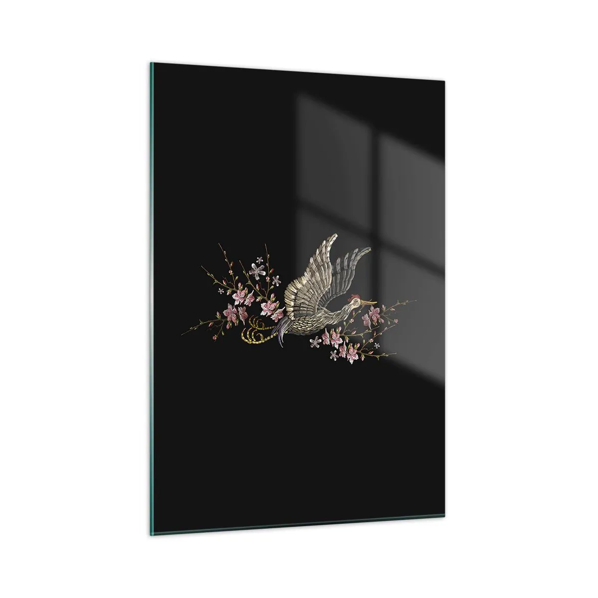 Quadro su vetro - Uccello ricamato in volo con fiori sullo sfondo su sfondo scuro - 50x70cm - Uccello esotico ricamato - Decorazione murale moderna per soggiorno e camera da letto ARTTOR