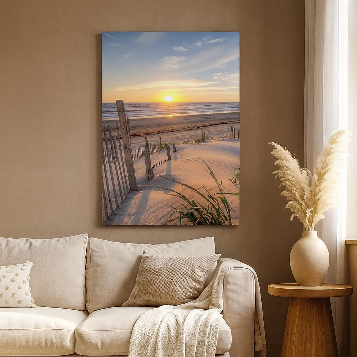 Quadro su tela - Stampe su Tela - Spiaggia al tramonto con recinzione in legno - 50x70cm - Luci e ombre del vento - Decorazione murale moderna per soggiorno e camera da letto ARTTOR
