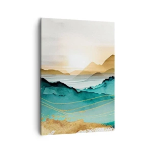 Quadro su tela - Stampe su Tela - Paesaggio astratto con montagne e accenti dorati - 50x70cm - Paesaggio ai confini dell'astrazione - Decorazione murale moderna per soggiorno e camera da letto ARTTOR