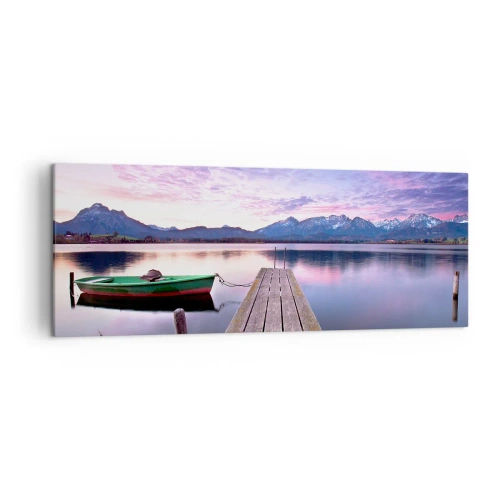 Quadro su tela - Stampe su Tela - Un molo di legno con una barca su un lago circondato da montagne al tramonto - 140x50cm - Silenzio amichevole - Decorazione murale moderna per soggiorno e camera da letto ARTTOR