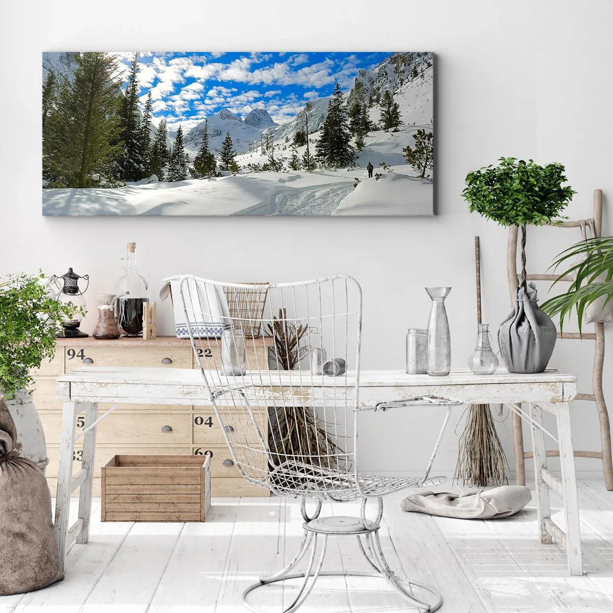Quadro su tela - Stampe su Tela - Paesaggio montano invernale con foresta e sentiero nella neve - 120x50cm - Nella neve e nel sole - Decorazione murale moderna per soggiorno e camera da letto ARTTOR