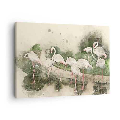 Quadro su tela - Stampe su Tela - Fenicotteri nel loro ambiente naturale in stile acquerello - 70x50cm - Sogno esotico - Decorazione murale moderna per soggiorno e camera da letto ARTTOR