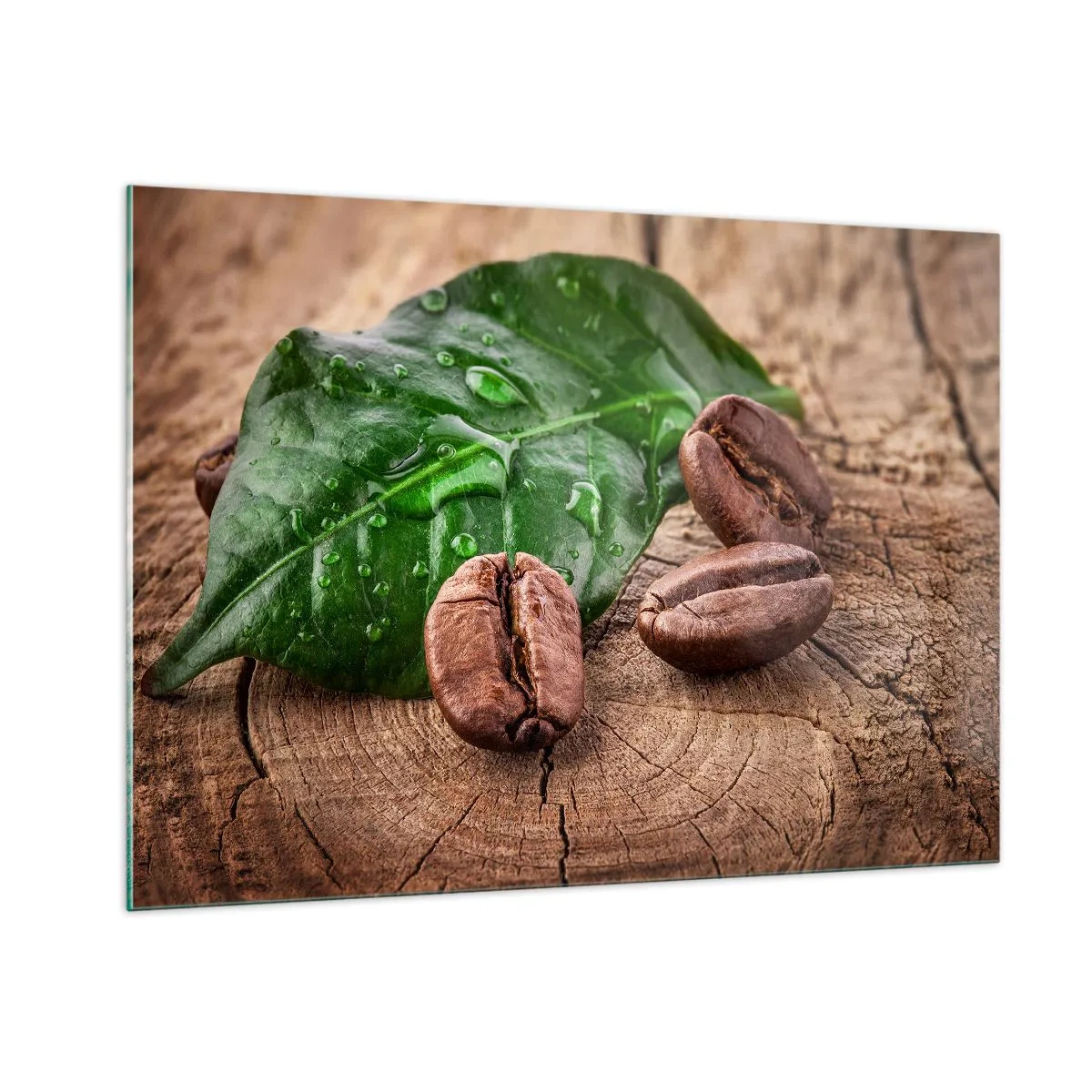 Quadro su vetro - Chicchi di caffè su uno sfondo di foglie e legno - 100x70cm - Nero e autentico - Decorazione murale moderna per soggiorno e camera da letto ARTTOR