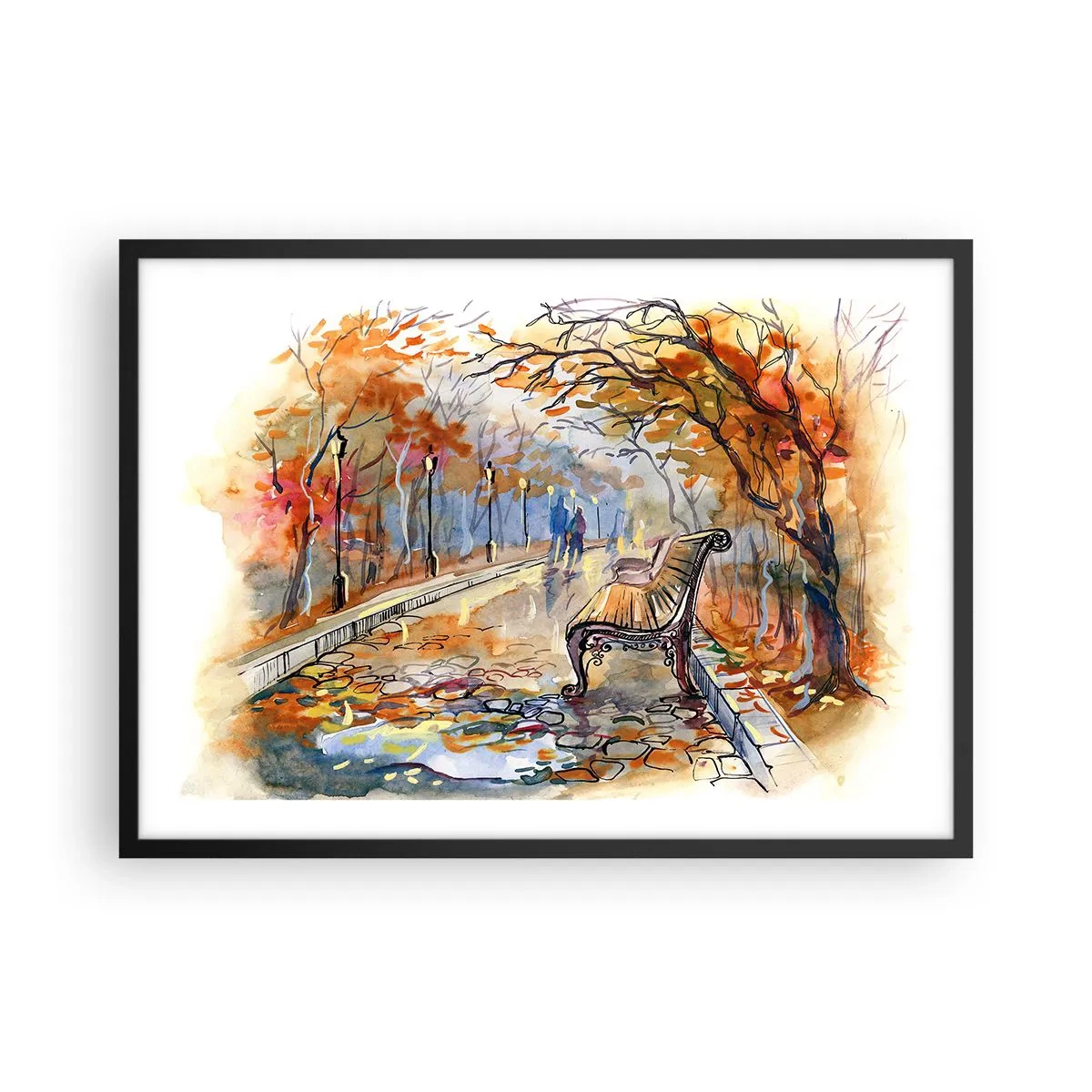 Poster in cornice nera - Un parco autunnale con una panchina in acquerello - 70x50cm - Passeggiando insieme l'autunno - Decorazione murale moderna per soggiorno e camera da letto ARTTOR